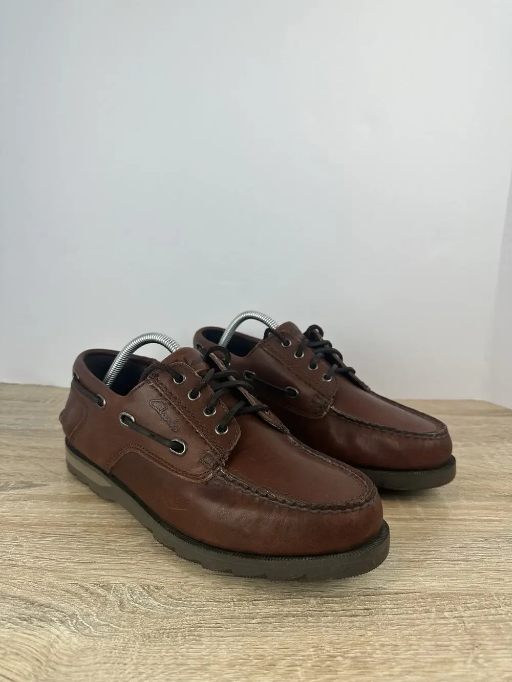 Clarks Active Air Men’s Brown Leather Boat Shoes Moc Toe Lace Up US 9 EU 42